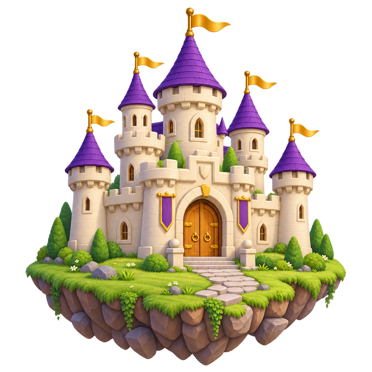 A storybook castle with purple towers and golden flags on a little floating grassy island.